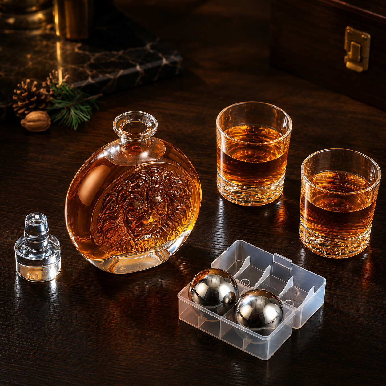 Lion Engraved Whiskey Decanter Gift Set