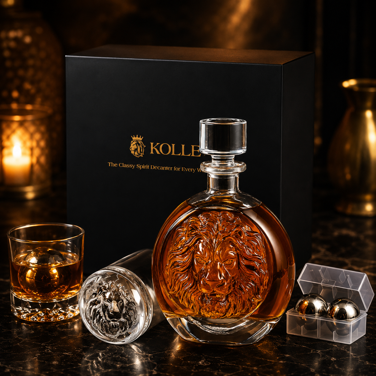 Lion Engraved Whiskey Decanter Gift Set