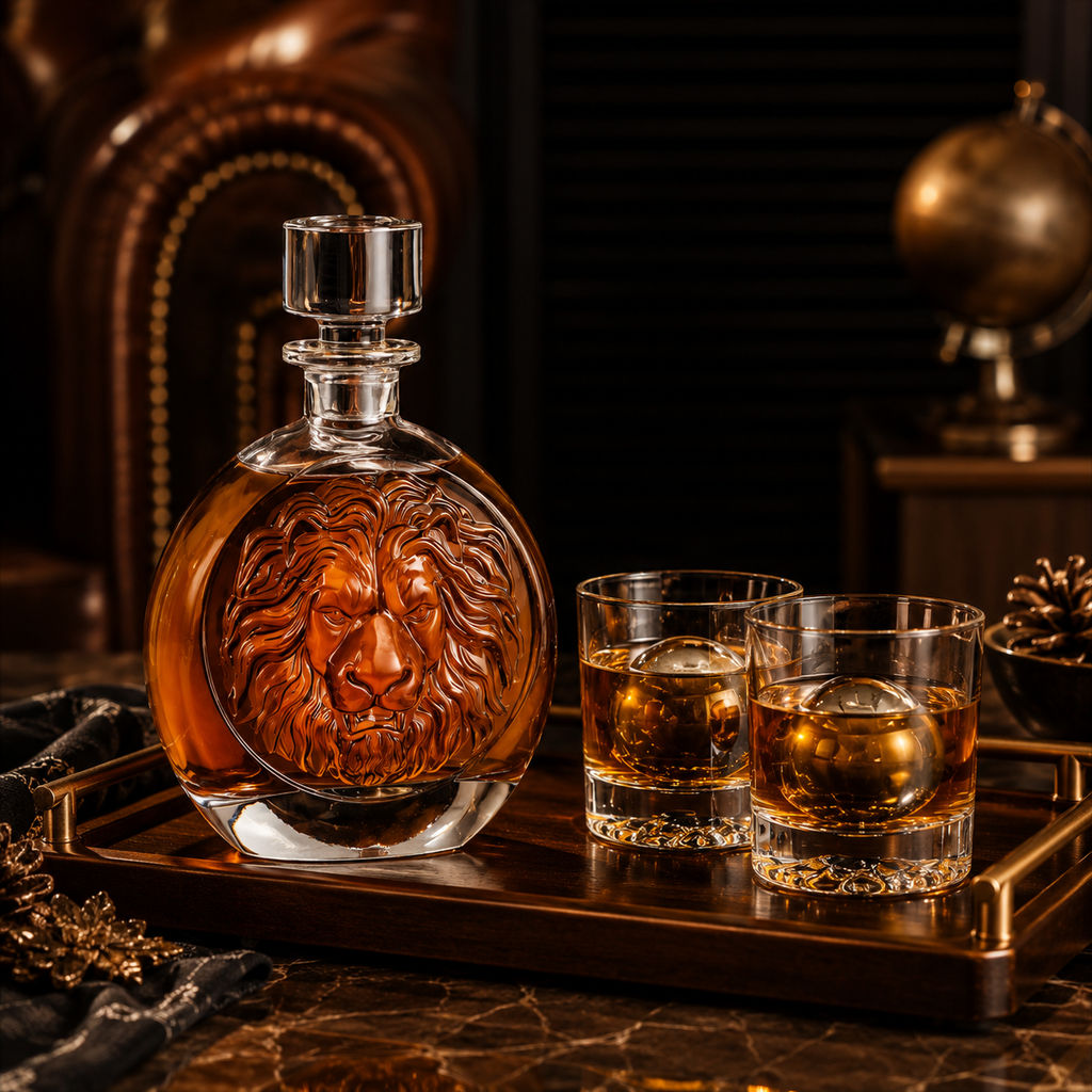 Lion Engraved Whiskey Decanter Gift Set