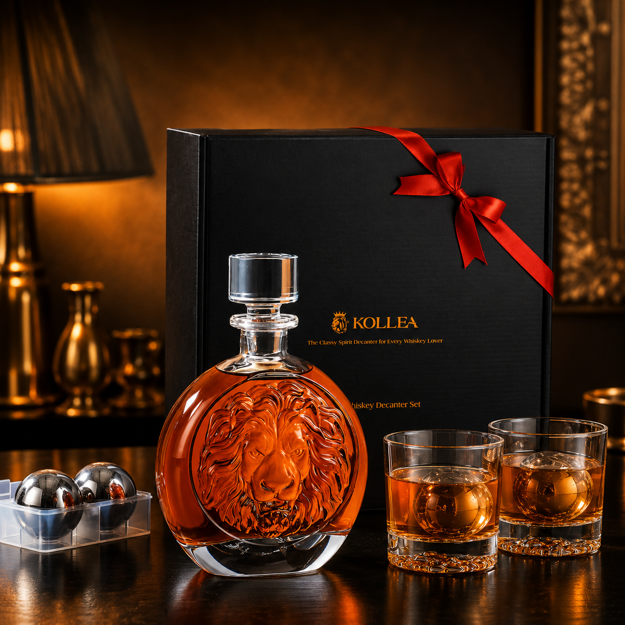 Lion Engraved Whiskey Decanter Gift Set